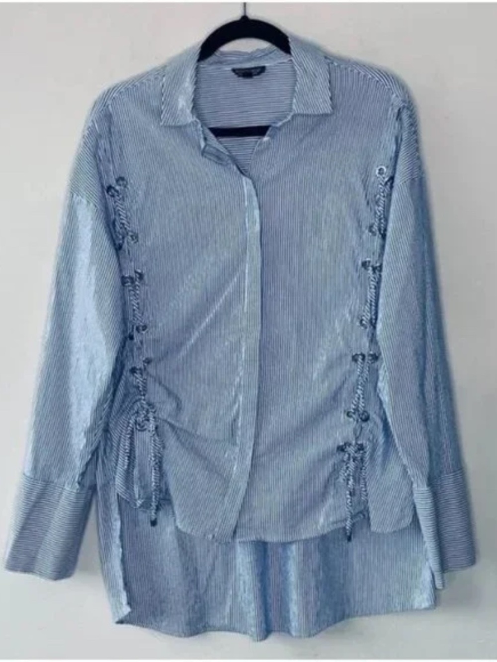 Topshop Eyelet Lace Up Shirt Striped Long Sleeve Top Women Size 10 Work Capsule